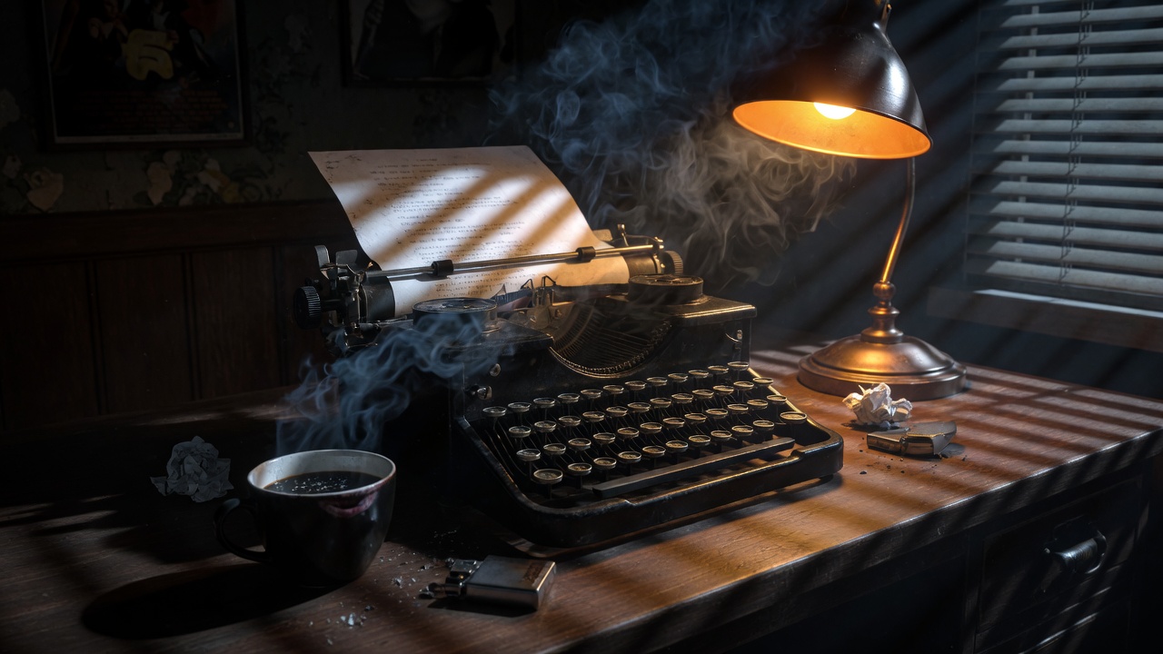 Typewriter and manuscript under a desk lamp — tools of the trade